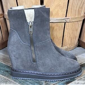 Aldo Gray Suede Shearling Fur Lined Zip-Up Wedge Heel Ankle Boots Women Size 6.5